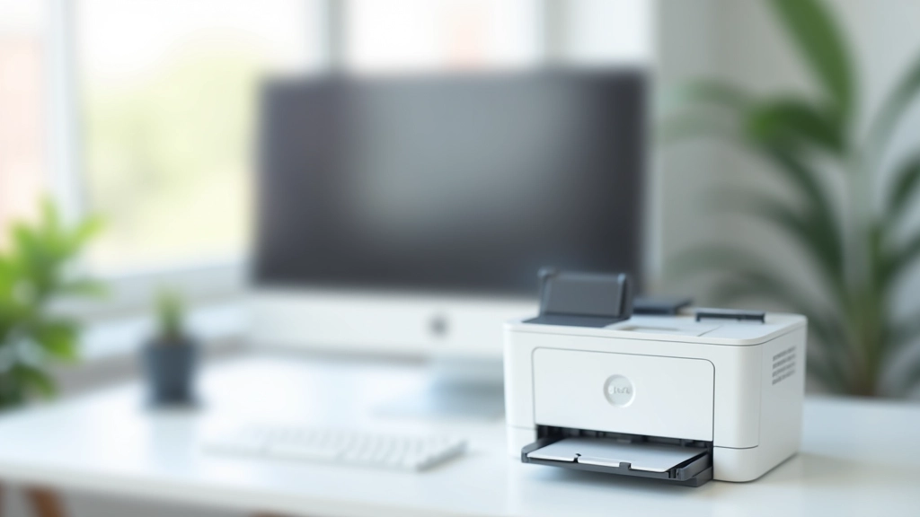 Ambiente de escritório moderno com impressora e computador sobre secretária branca