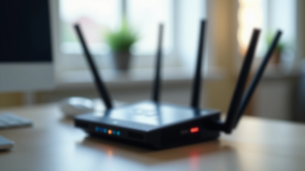 Router Wi-Fi moderno numa mesa, com indicadores de luz ligados, ambiente de escritório doméstico