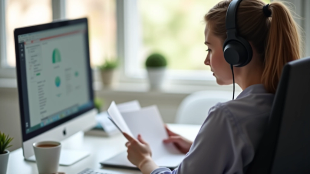 Pessoa a ler guia no computador com auriculares e café ao lado