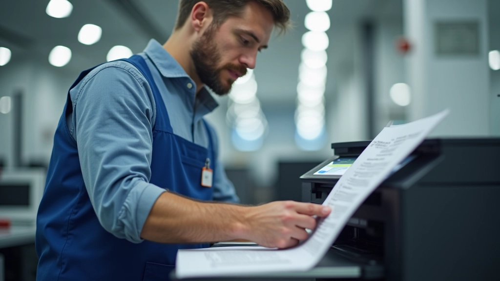 Técnico a testar impressora com documento de teste saído, mesa de trabalho organizada